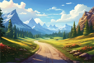 Mountain landscape with green hills, sandy road and natural valley. Vector picturesque place background.  scenic hills, spring or summer nature. Beautiful Nature . Mountain landscape. Illustration. 