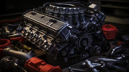 Fototapeta premium Power in Motion: Showcase Skilled Hands Crafting Pistons, Rods, and Camshafts, Igniting the Heart of the Engine