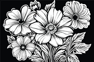 Black outline of coloring book flowers in the doodling style. Black and white Floral Background. Abstract elegance seamless pattern with floral background. Flower Coloring Page, Flower Line Art. 