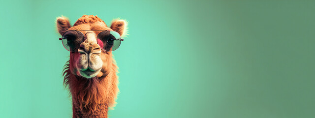 Cool Llama with Sunglasses on Teal - obrazy, fototapety, plakaty