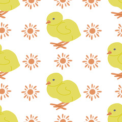 Cute Easter chick with sun seamless pattern. Flat hand drawn colored elements on white background. Unique retro print design for textile, wallpaper, interior, wrapping. Easter holiday concept