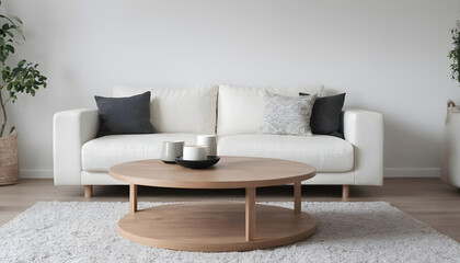 Fototapeta na wymiar Round-wood-coffee-table-against-white-sofa--Scandinavian-home-interior-design-of-modern-living-room