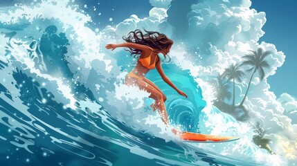 Travel tour to tropical sea with a cartoon illustration of a woman riding ocean waves on a surfboard for summer cruise banner.