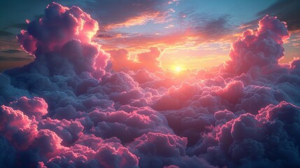 A beautiful sunset or sunrise on the sky with pink, white, blue, and lilac soft fluffy clouds flying in the sky. A vivid fantasy view in the evening or morning, Realistic 3D modern illustration of - obrazy, fototapety, plakaty