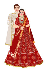 Indian Wedding Couple Standing with Red Lehanga and Sherwani