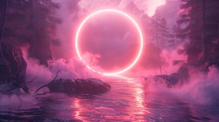 An abstract background with a neon circle on top of water surrounded by soft clouds, with a purple ring with bright sparkles and flares, An abstract background with a neon circle on top of water.