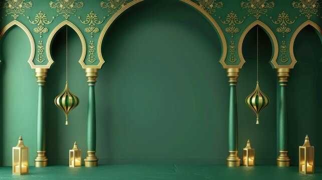 Minimalist green eid mubarak and ramadan theme background. AI generated image