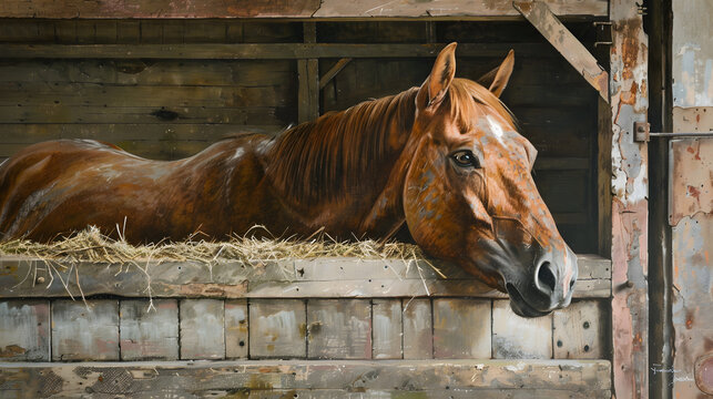 Portrait of a horse in a wooden stall at a horse ranch