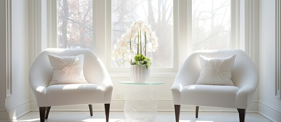 Two white chairs are placed side by side in front of a window in the building. The interior design includes wooden flooring and a plant on the table - obrazy, fototapety, plakaty