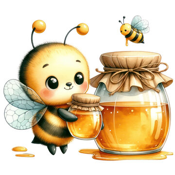 Watercolor cartoon bee holding a jar of honey, PNG file