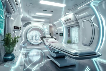 A futuristic medical facility with advanced equipment and technologies for healthcare.