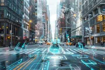 Augmented reality (AR) navigation concept with directional cues overlaid onto a city street view.