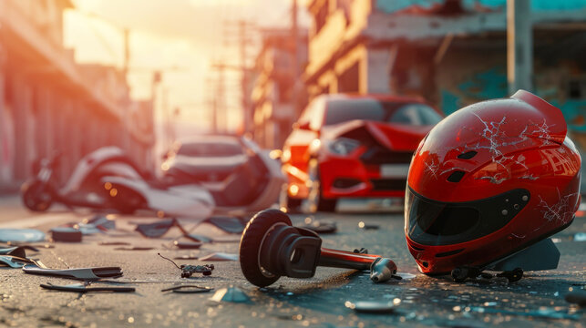 Captivating image of a red motorcycle helmet fragmented on a street with a backdrop of vehicles and scattered debris