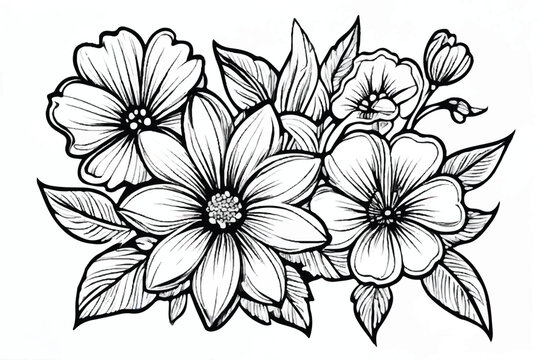 Black outline of coloring book flowers in the doodling style. Black and white Floral Background. Abstract elegance seamless pattern with floral background. Flower Coloring Page, Flower Line Art. 