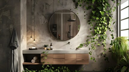 Scandinavian Bathroom Oasis A Calming Retreat with Concrete and Wood Elements - obrazy, fototapety, plakaty