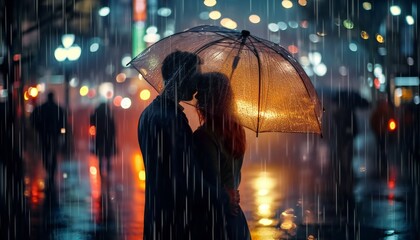 Couple Under Umbrella on Rainy Street