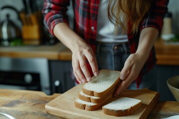 Gluten allergy, woman hand holding bread slice, looking at bread slice at home. Gluten intolerant - obrazy, fototapety, plakaty