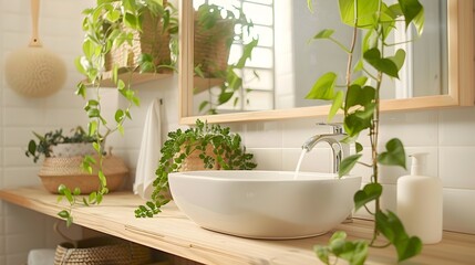 Scandinavian Bathroom Oasis A Minimalist Vanity Adorned with Heartleaf Philodendron and Square Mirror
