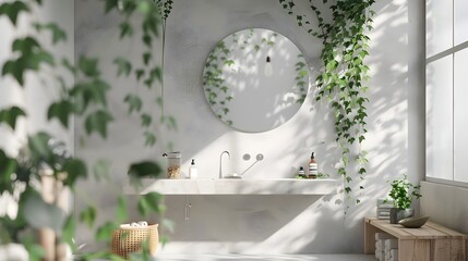 Scandinavian Bathroom Oasis A Peaceful Retreat with Concrete and Wood Accents - obrazy, fototapety, plakaty
