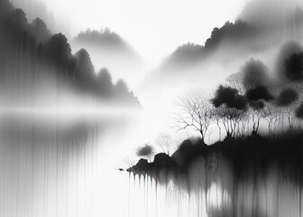 Black and white minimalist landscape in chinese and japanese ink painting style. - 762169589