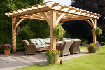 Picturesque Pergola wood lake gazebo. Natural wooden. Generate AI