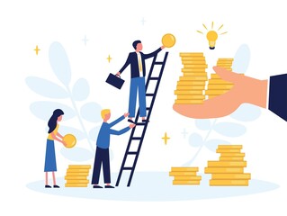 Business concept. Team metaphor. People connect puzzle elements. Flat illustration in flat design style. Teamwork, collaboration, partnership. Businessmen working together and moving towards success.