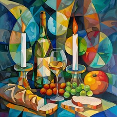 a painting of shabbat candles and wine
