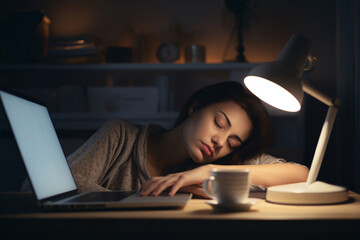 A woman who works overtime falls asleep on desk at night with a laptop, table lamp, coffee cup in bedroom at home. Working on deadline until she is tired and falls asleep or fainted.