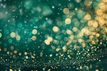Abstract green background with gold particles, Bokeh golden sparkles, dark background, glittering confetti