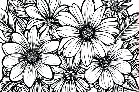  Abstract elegance seamless pattern with floral background. Flower Coloring Page, Flower Line Art Vector. Coloring book flowers doodle style black outline. Line art floral black and white background.