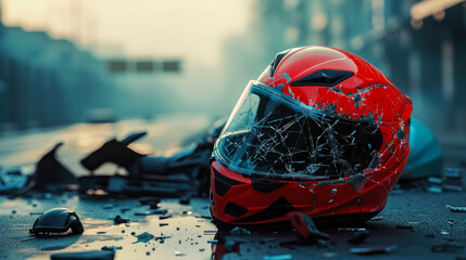 Visually compelling image of a broken motorcycle helmet with a cracked visor on a street - obrazy, fototapety, plakaty