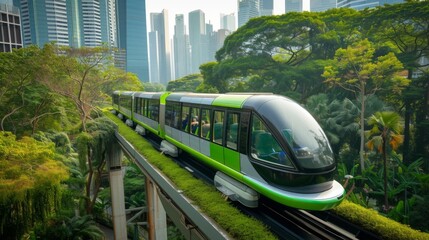Fototapeta premium A sleek, green monorail train glides through a verdant cityscape, showcasing a harmonious blend of modern transportation and lush greenery in an eco-friendly urban environment.