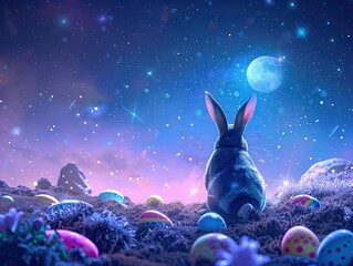 Obraz na płótnie Canvas Moonlit Easter Fantasy, rabbit, Easter, moon, stars, night, magical, eggs, colorful, fantasy, sparkling, luminous, mystical, sky, starlight, blue, purple, field, enchanted, wonder, whimsical
