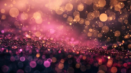 Fotobehang Abstract pink background with gold particles, Bokeh golden sparkles, dark background, glittering confetti © mirifadapt