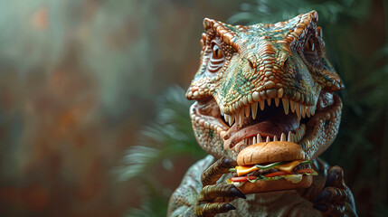 Tyrannosaurus holding a burger in its paws - obrazy, fototapety, plakaty