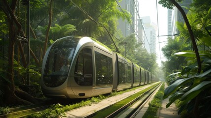 A green energy streetcar travels down a lush urban avenue, highlighting the fusion of green transportation solutions with natural elements in city planning.