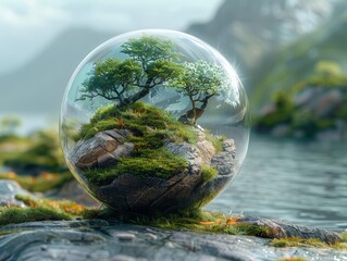 An imaginative realm in a bubble features a tiny ecosystem and floating landmasses - obrazy, fototapety, plakaty