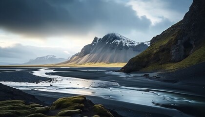 Icelandic Landscape with Mountains and Black Sand - obrazy, fototapety, plakaty
