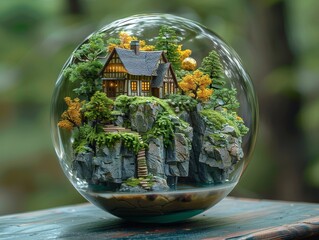 Imaginative world inside a bubble, with a miniature ecosystem and floating landmasses - obrazy, fototapety, plakaty