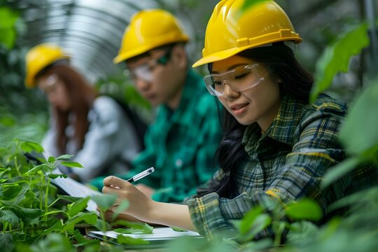 Group of people conducting research on carbon offset prices and emissions. Concept Carbon Offset Prices, Emissions Research, Environmental Impact, Carbon Footprint Analysis