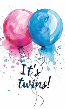 Pregnancy announcement concept illustration. Baby gender reveal party concept. Two watercolor painted balloons with paint splashes. Pink and blue colored - for girl and boy twins.