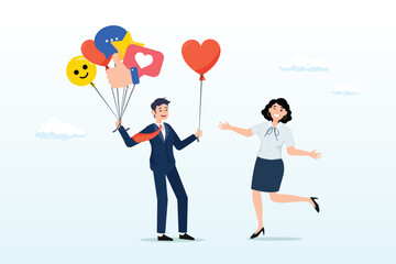 Customer holding feedback balloons giving heart, customer feedback, review or service satisfaction, giving rating, opinion or review evaluation, user experience, ranking or quality rating (Vector)