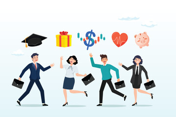Business people with benefits, scholarship, bonus, salary increase and health insurance, employee benefits and compensation for staff advantage, reward or bonus payment to motivate employee (Vector)