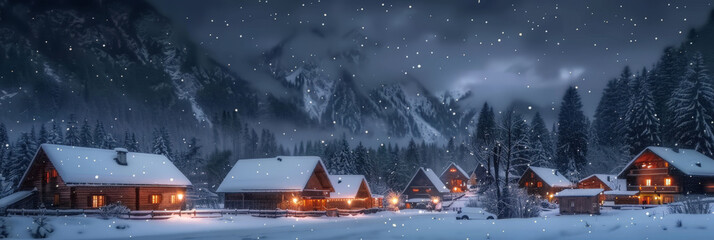 landscape with snow covered houses in winter, christmas house, banner