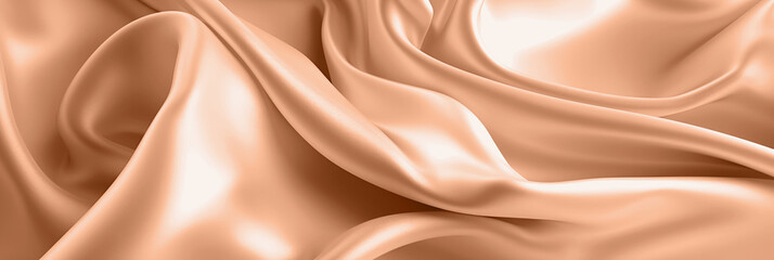 Fototapeta premium Delicate peach background with silk fabric texture, flat folds. Romantic background for your design. Banner. Color of the year 2024