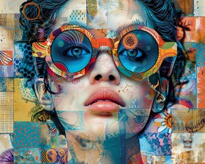 A vivid abstract collage featuring a close-up of a woman's face with kaleidoscope glasses, blending textures and patterns.
