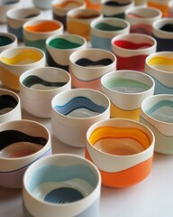 An assortment of translucent glass bowls with swirling colors casting vibrant shadows on a light surface.
