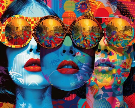 A vivid abstract collage featuring a close-up of a woman's face with kaleidoscope glasses, blending textures and patterns.
