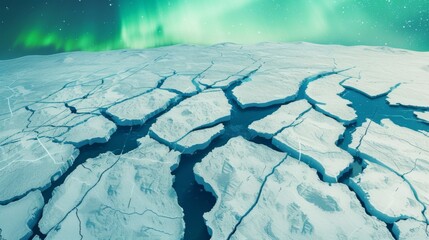 Vivid green auroras illuminate the cracks in a vast icy expanse, symbolizing the fragility and dynamics of the Earth’s polar regions.