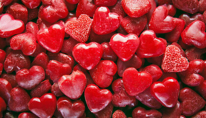 Pile of small red heart-shaped sugar candies. Sweet treat.